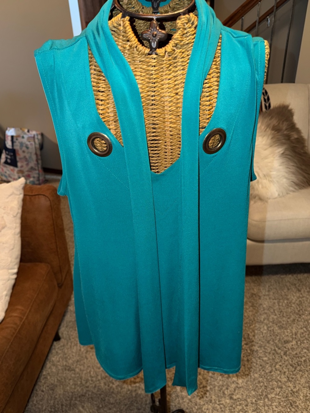 Ariella Teal Sleeveless V-Neck Top with Gold Accent Buttons